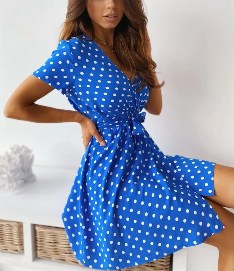 Polka Dot V-Neck Belted Casual Dress