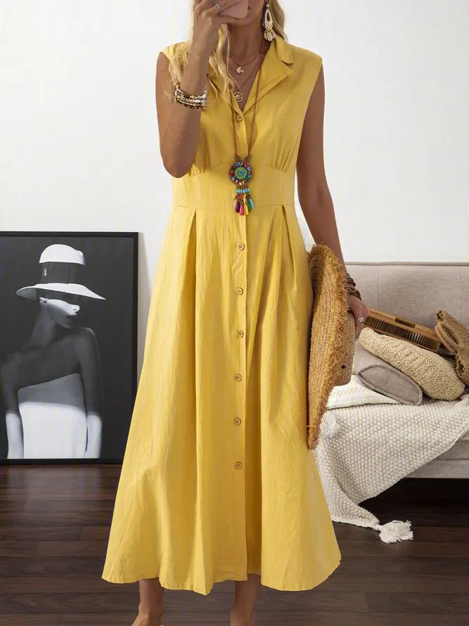 Vintage A-Line Dress – Lapel Collar Button Front Long Cotton-Linen Style Maxi Dress