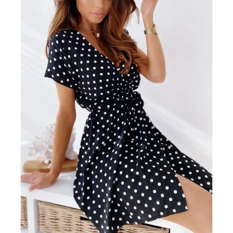 Polka Dot V-Neck Belted Casual Dress