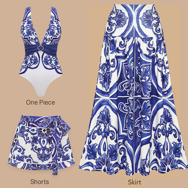 Majolica Print One-Piece Swimsuit Set with Beach Dress