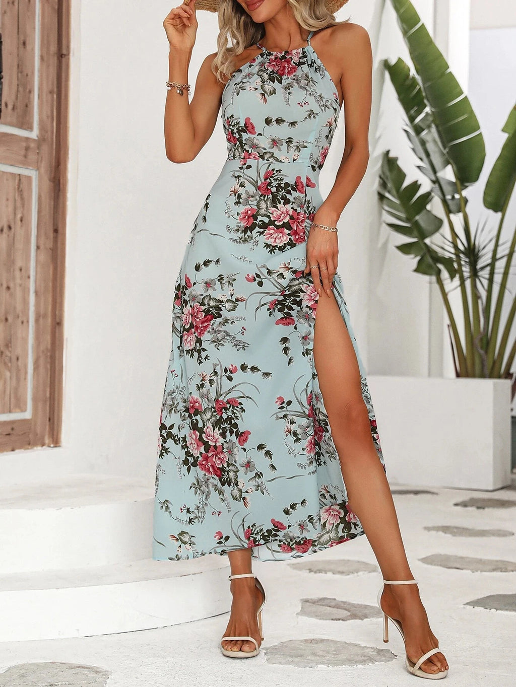 Women's Floral Print High Slit Thigh Halter Dress - Summer Sleeveless Sexy Bodycon Beach Party Clubwear - Glowbitz.store