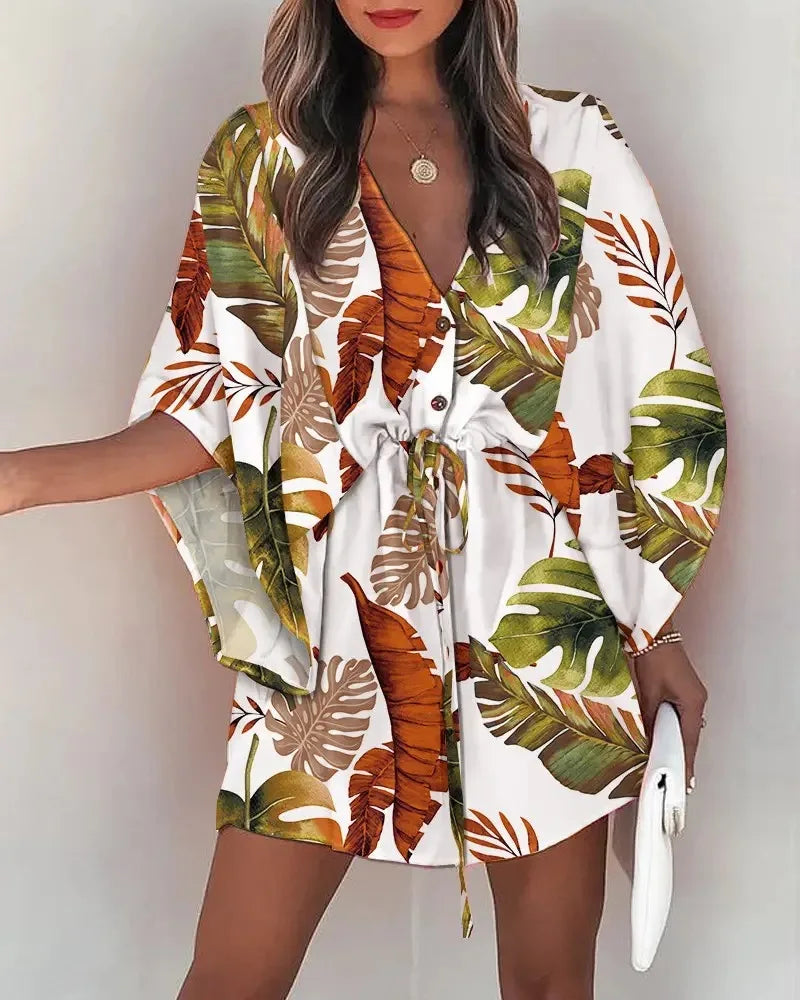 Floral Print Boho Summer Dress – V-Neck Batwing Sleeve Ruffle