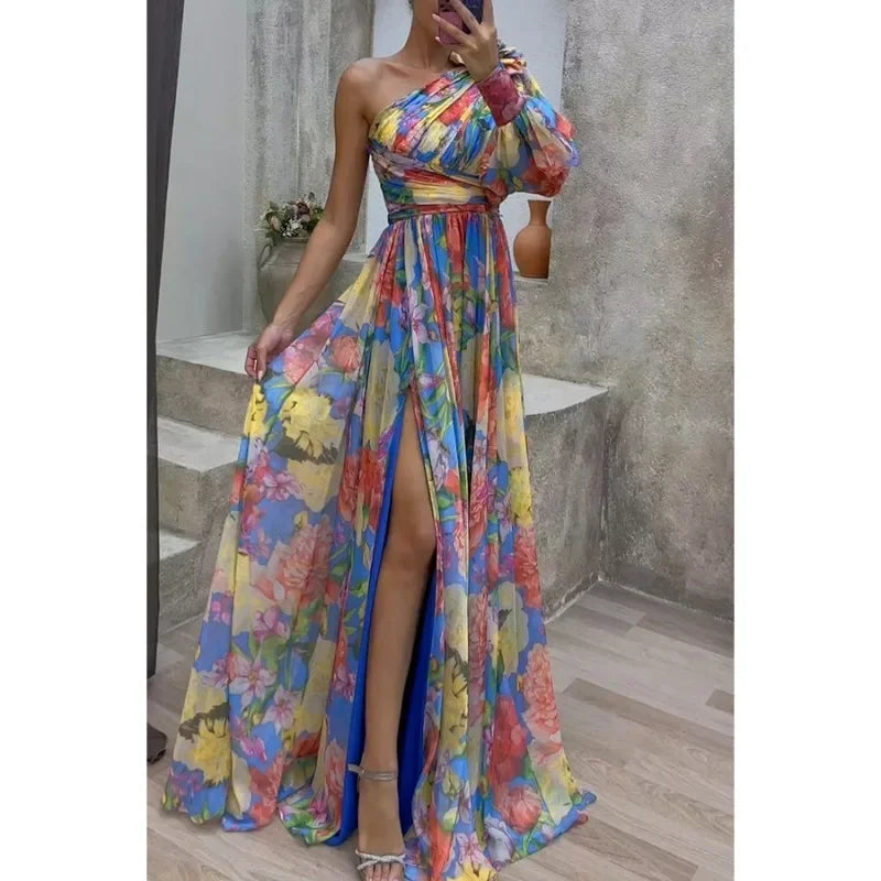 Off-Shoulder Printed Slit Maxi Dress – Lantern Sleeves, Waist Tie, Holiday Party Style