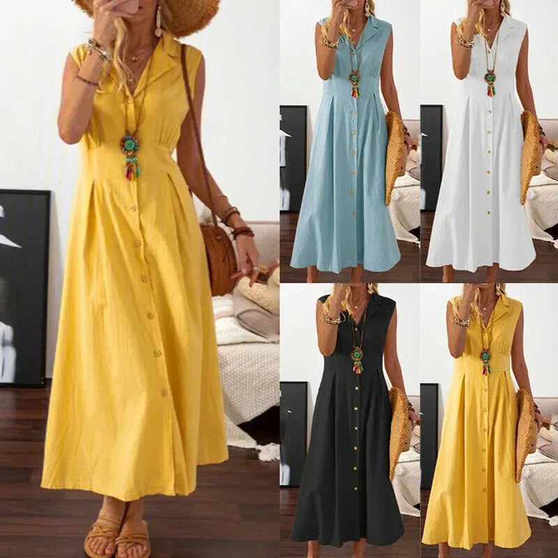 Vintage A-Line Dress – Lapel Collar Button Front Long Cotton-Linen Style Maxi Dress