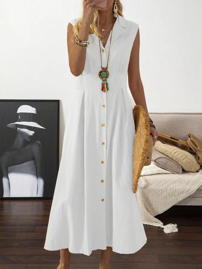 Vintage A-Line Dress – Lapel Collar Button Front Long Cotton-Linen Style Maxi Dress