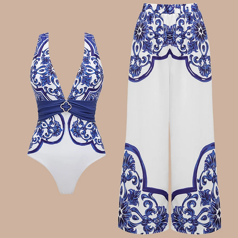 Majolica Print One-Piece Swimsuit Set with Beach Dress