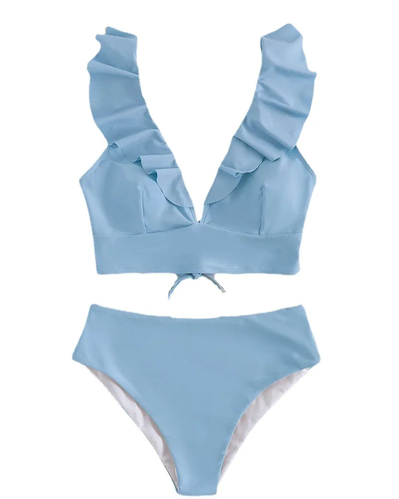 Ruffled Deep V-Neck Bikini Set - Glowbitz.store