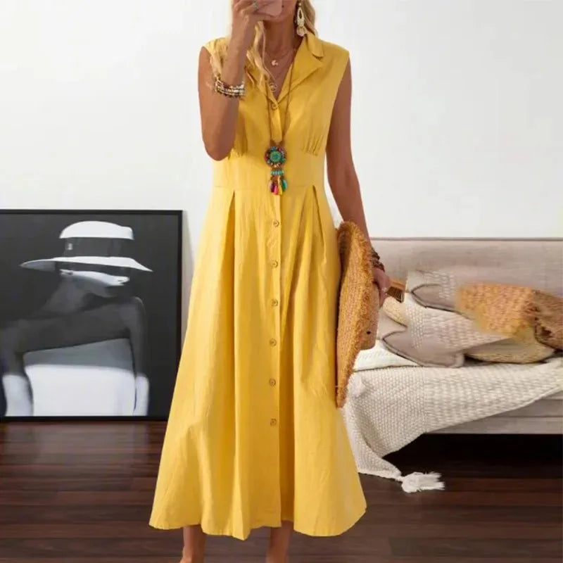 Vintage A-Line Dress – Lapel Collar Button Front Long Cotton-Linen Style Maxi Dress