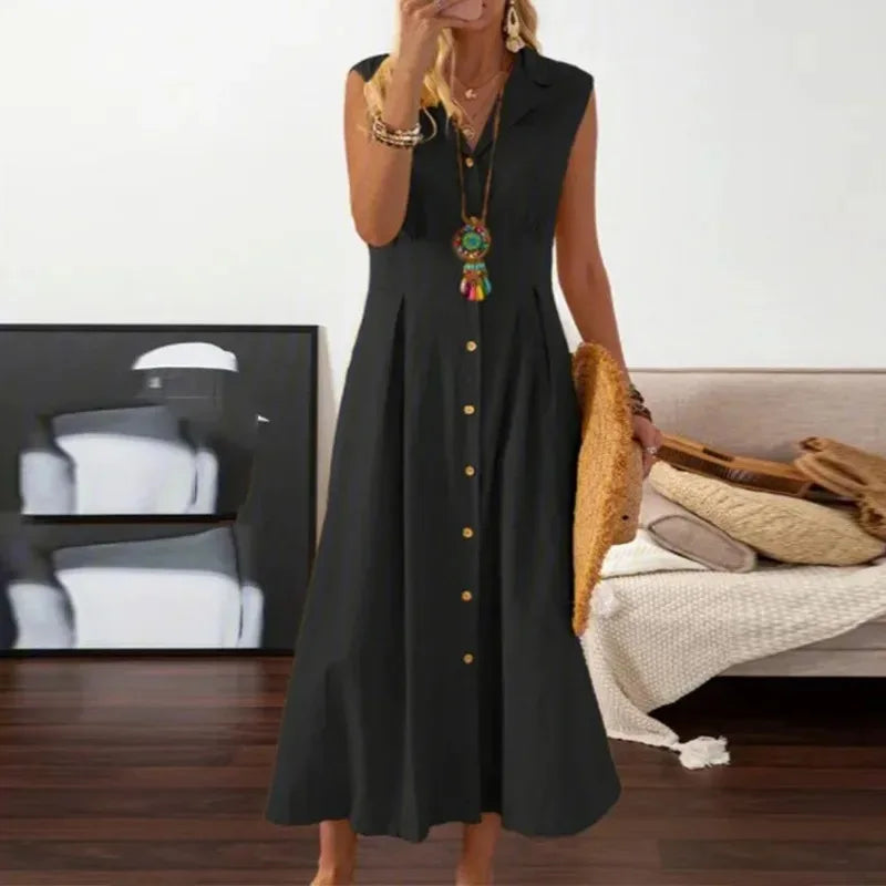 Vintage A-Line Dress – Lapel Collar Button Front Long Cotton-Linen Style Maxi Dress