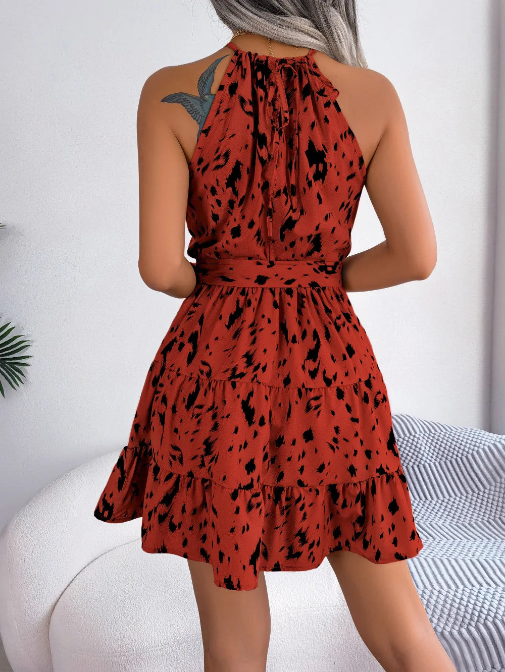 Leopard Print Halter Mini Dress – Ruffled Slim Fit