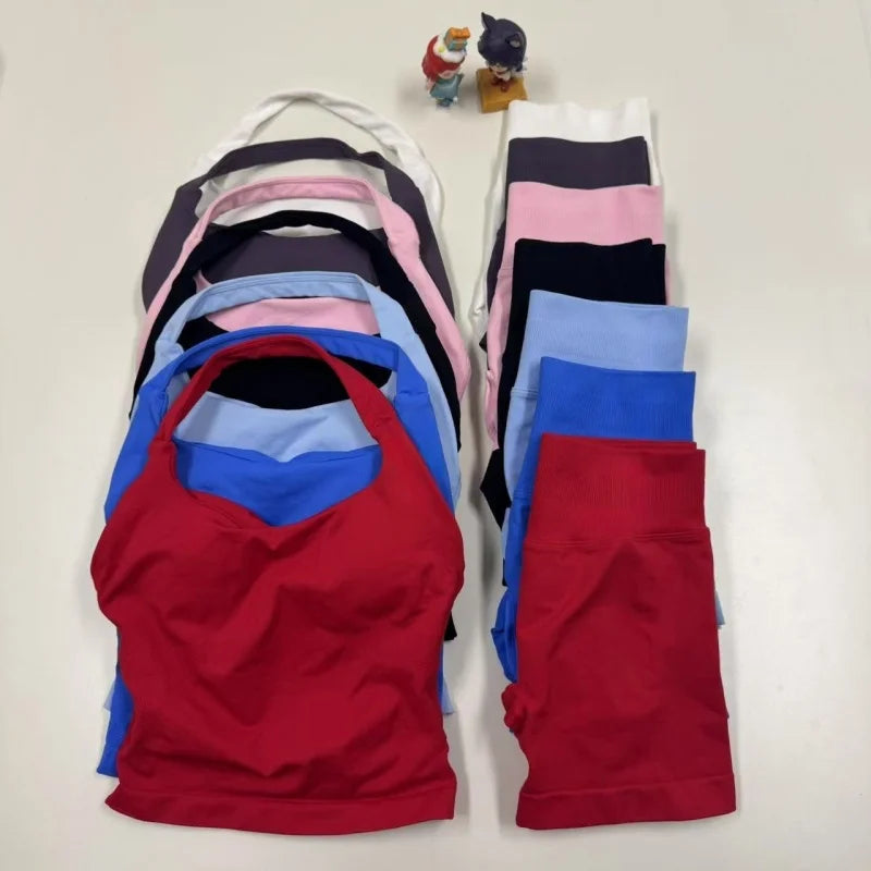 miflame Seamless Scrunch Shorts Set - Halter Sports Bra - Glowbitz.store