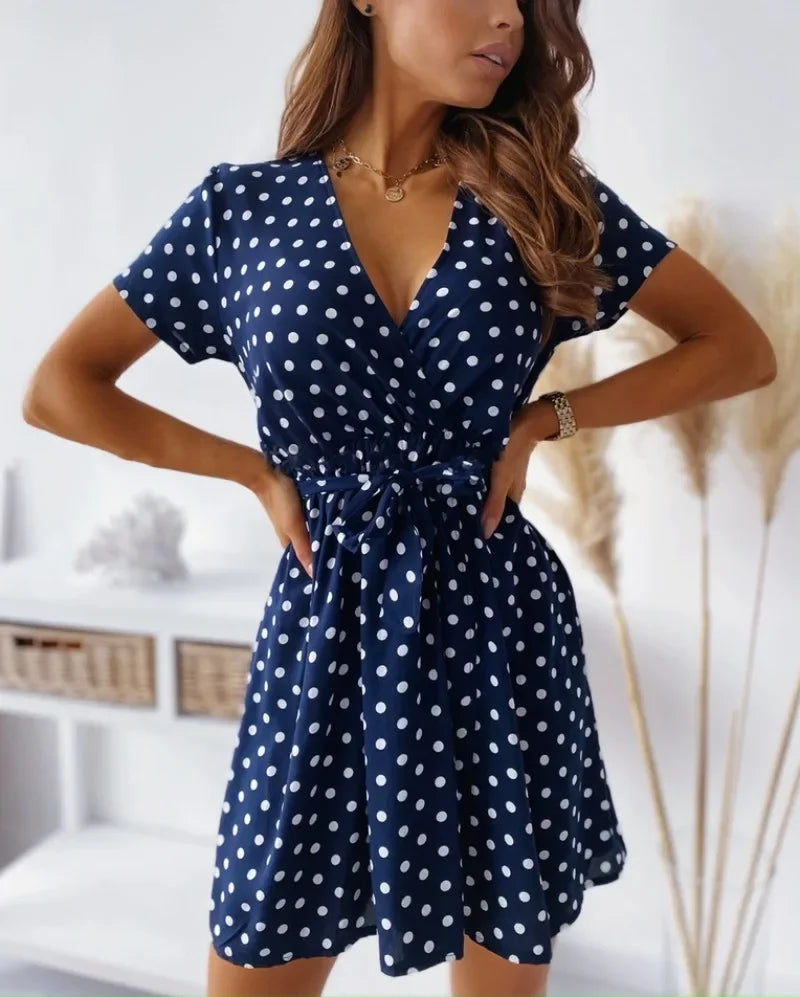 Polka Dot V-Neck Belted Casual Dress