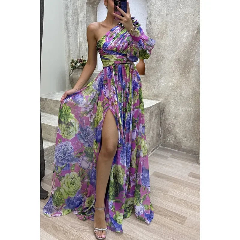 Off-Shoulder Printed Slit Maxi Dress – Lantern Sleeves, Waist Tie, Holiday Party Style
