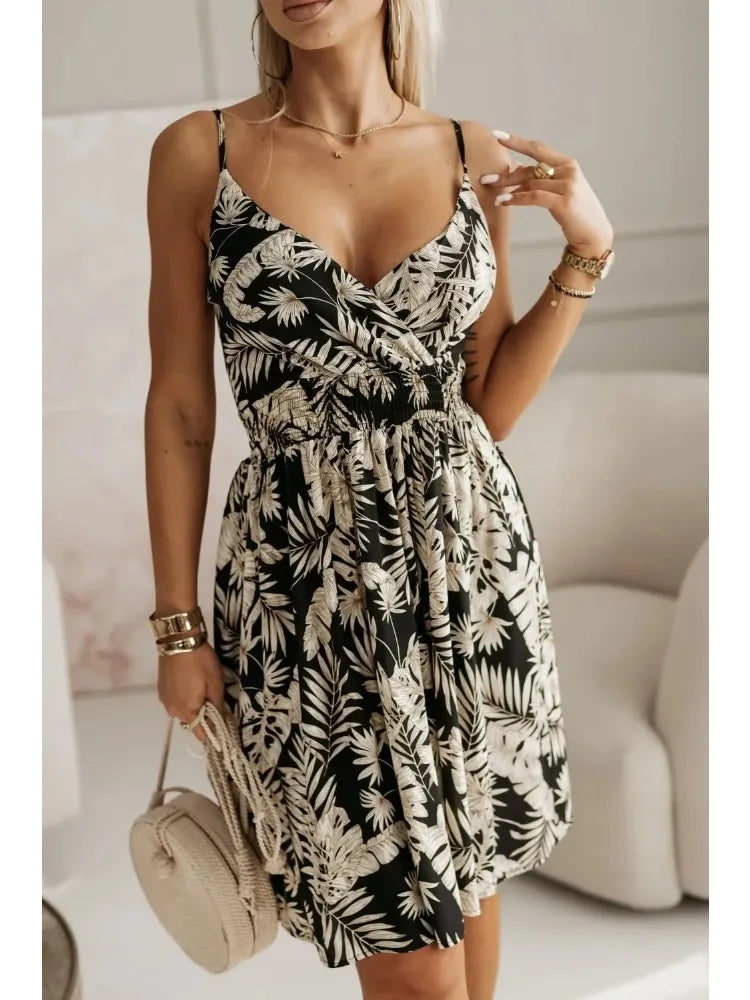 Floral Wrap Dress – Sexy Spaghetti Strap Pleated