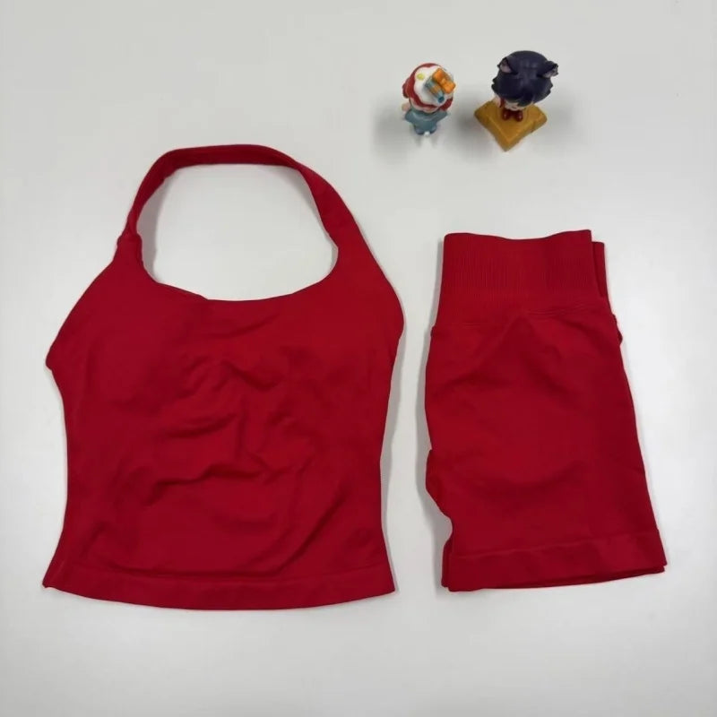 miflame Seamless Scrunch Shorts Set - Halter Sports Bra - Glowbitz.store