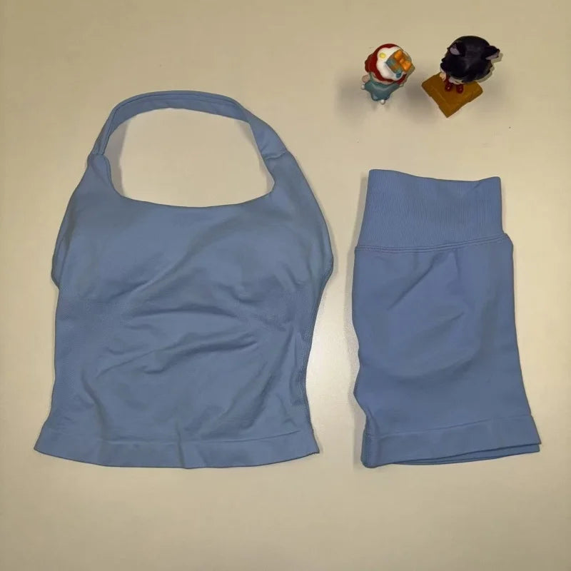 miflame Seamless Scrunch Shorts Set - Halter Sports Bra - Glowbitz.store