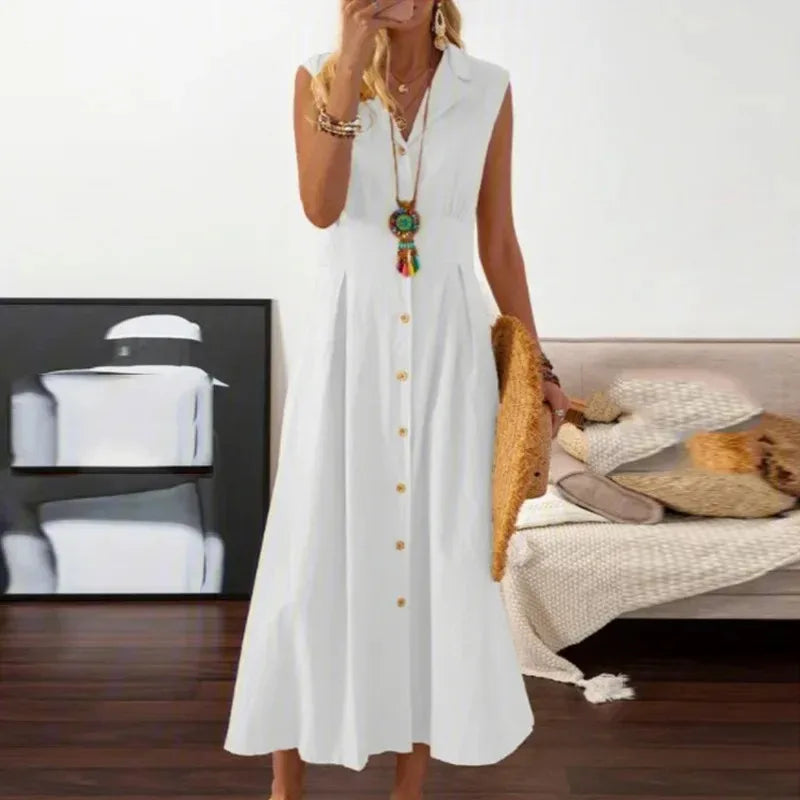 Vintage A-Line Dress – Lapel Collar Button Front Long Cotton-Linen Style Maxi Dress
