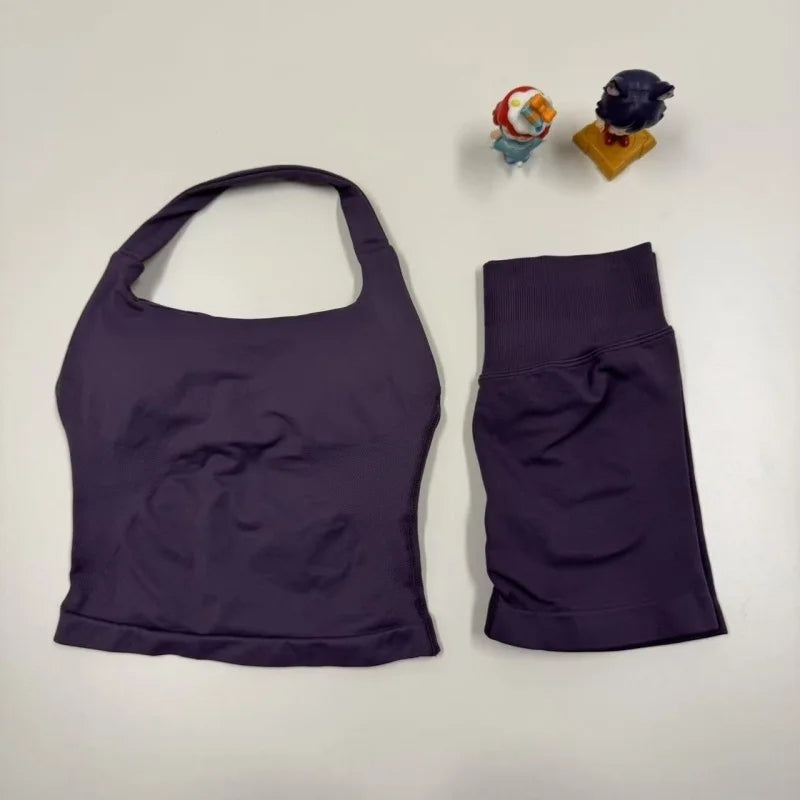 miflame Seamless Scrunch Shorts Set - Halter Sports Bra - Glowbitz.store