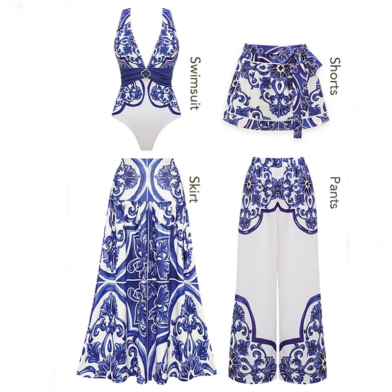 Majolica Print One-Piece Swimsuit Set with Beach Dress
