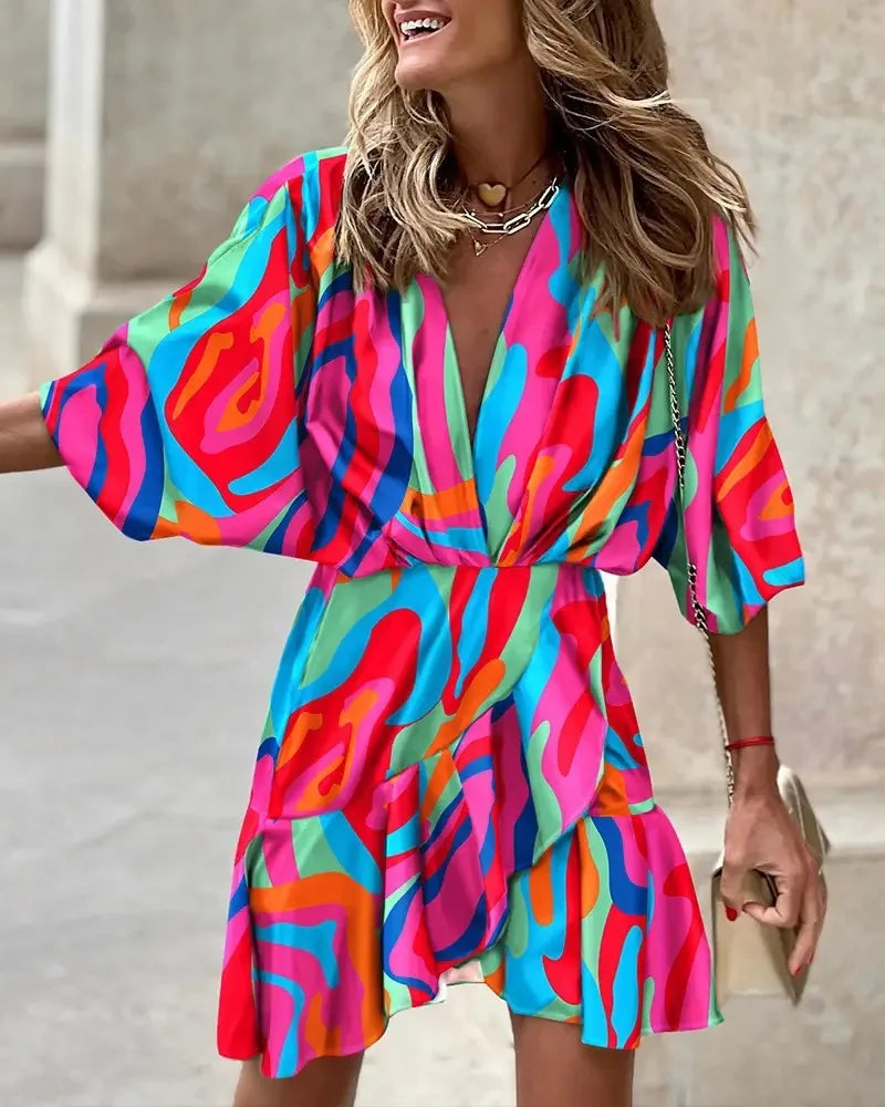 Bohemian Floral Print V-Neck Batwing Mini Dress - Glowbitz.store