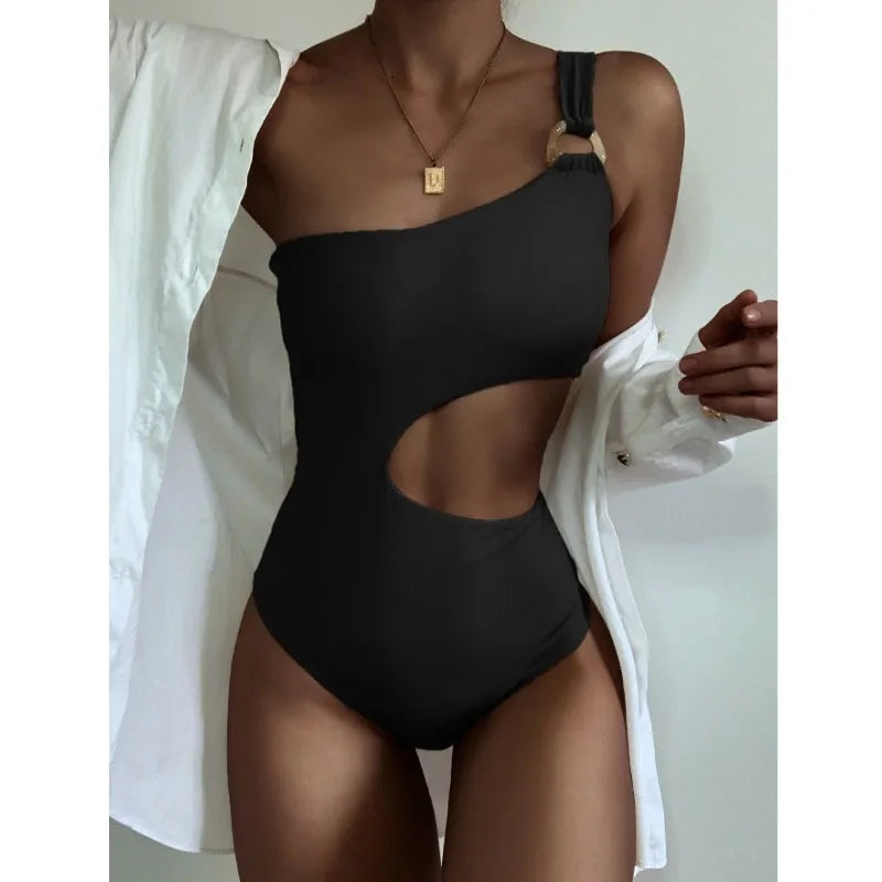 Solid One-Shoulder High-Waist Swimsuit