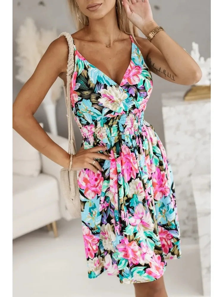 Floral Wrap Dress – Sexy Spaghetti Strap Pleated