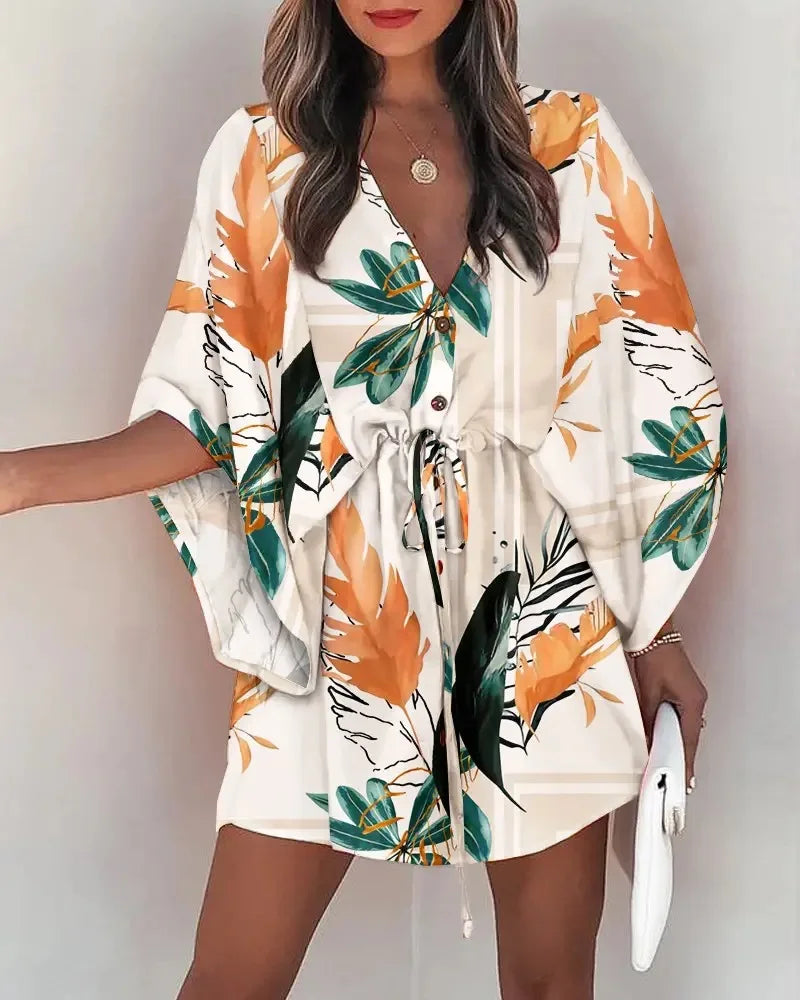 Floral Print Boho Summer Dress – V-Neck Batwing Sleeve Ruffle