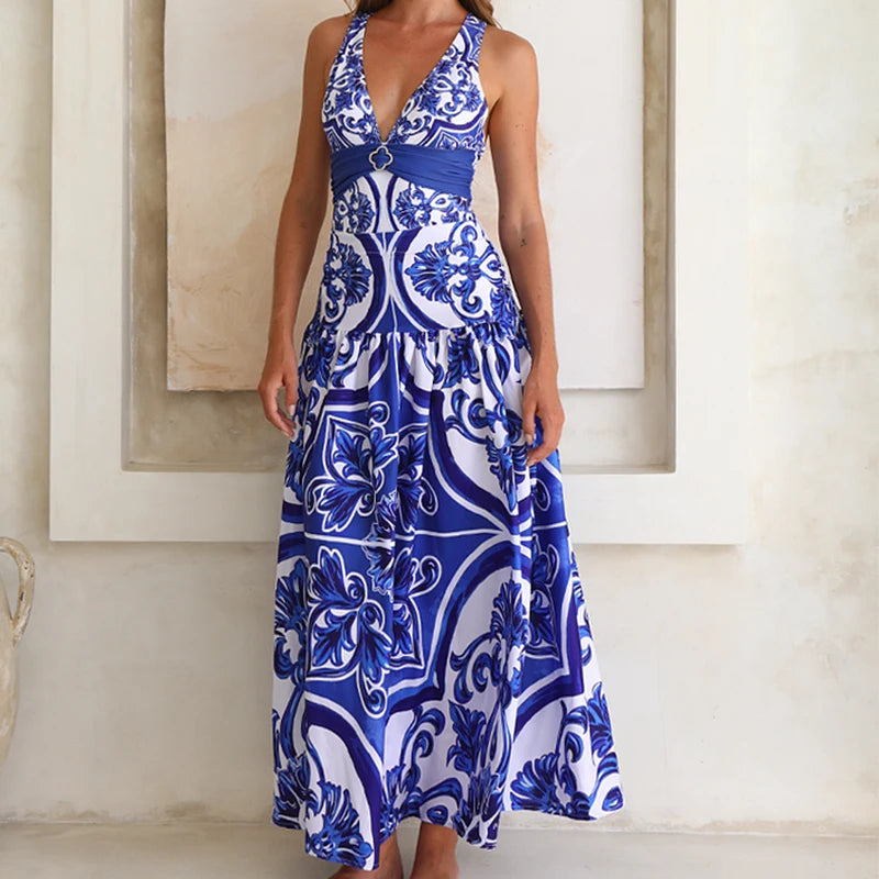 Majolica Print One-Piece Swimsuit Set with Beach Dress