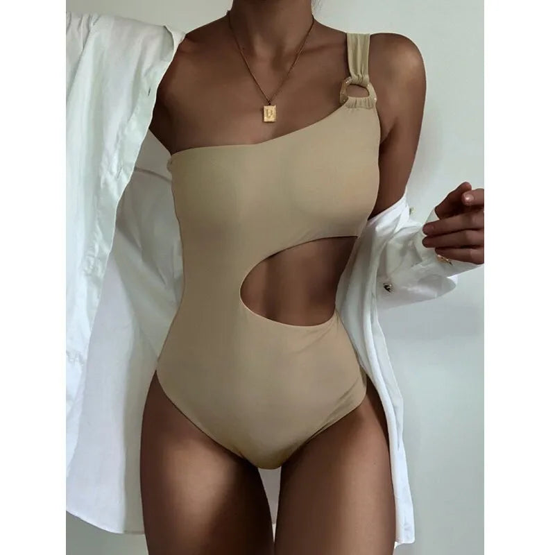 Solid One-Shoulder High-Waist Swimsuit