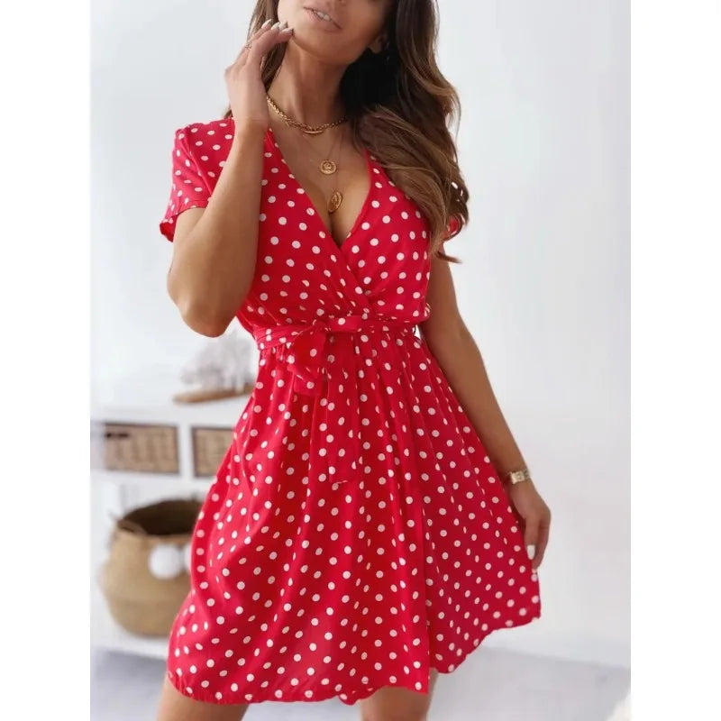 Polka Dot V-Neck Belted Casual Dress