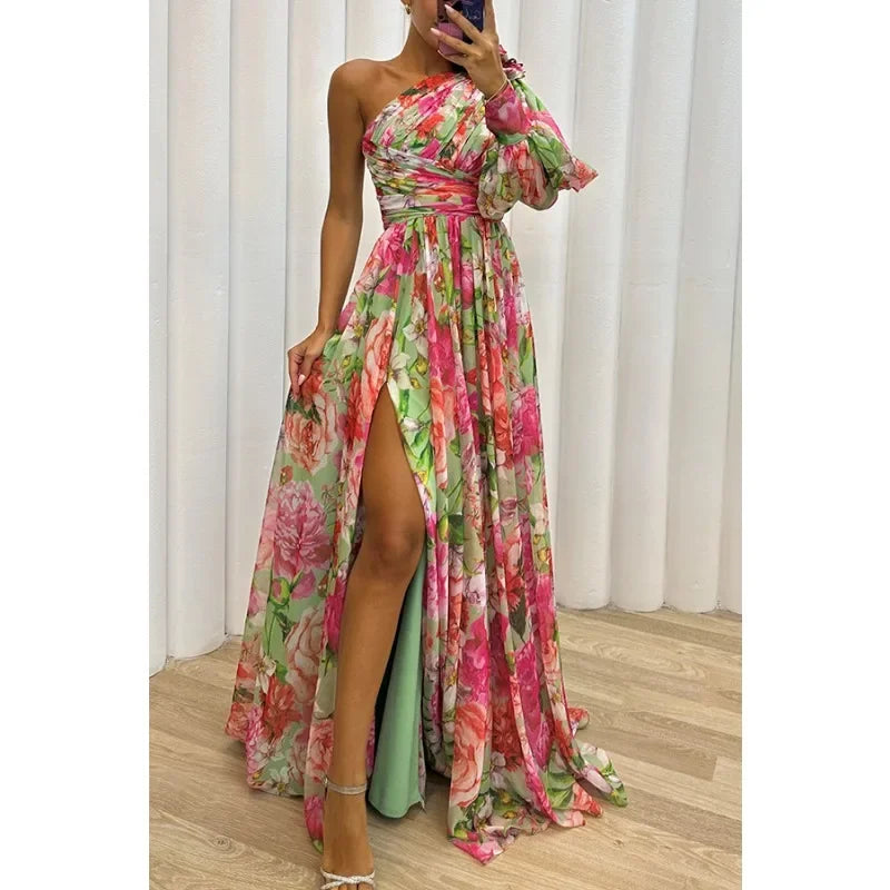 Off-Shoulder Printed Slit Maxi Dress – Lantern Sleeves, Waist Tie, Holiday Party Style