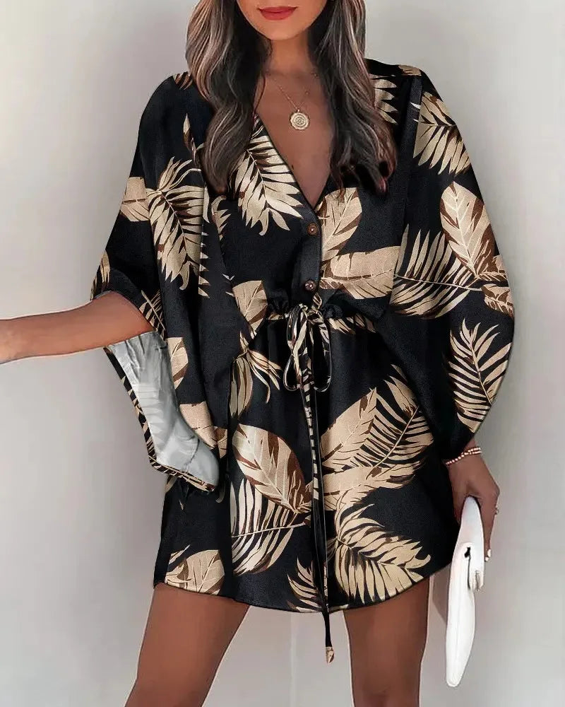 Floral Print Boho Summer Dress – V-Neck Batwing Sleeve Ruffle