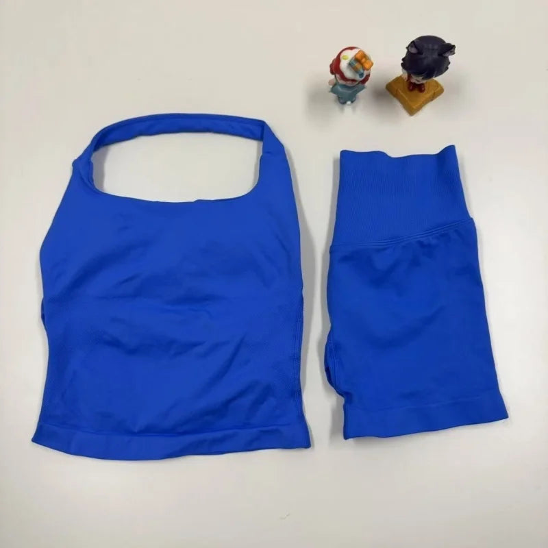 miflame Seamless Scrunch Shorts Set - Halter Sports Bra - Glowbitz.store