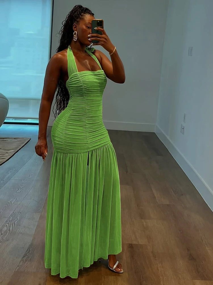 Sheer Patchwork Halter Maxi Dress – Backless Ruched Bodycon