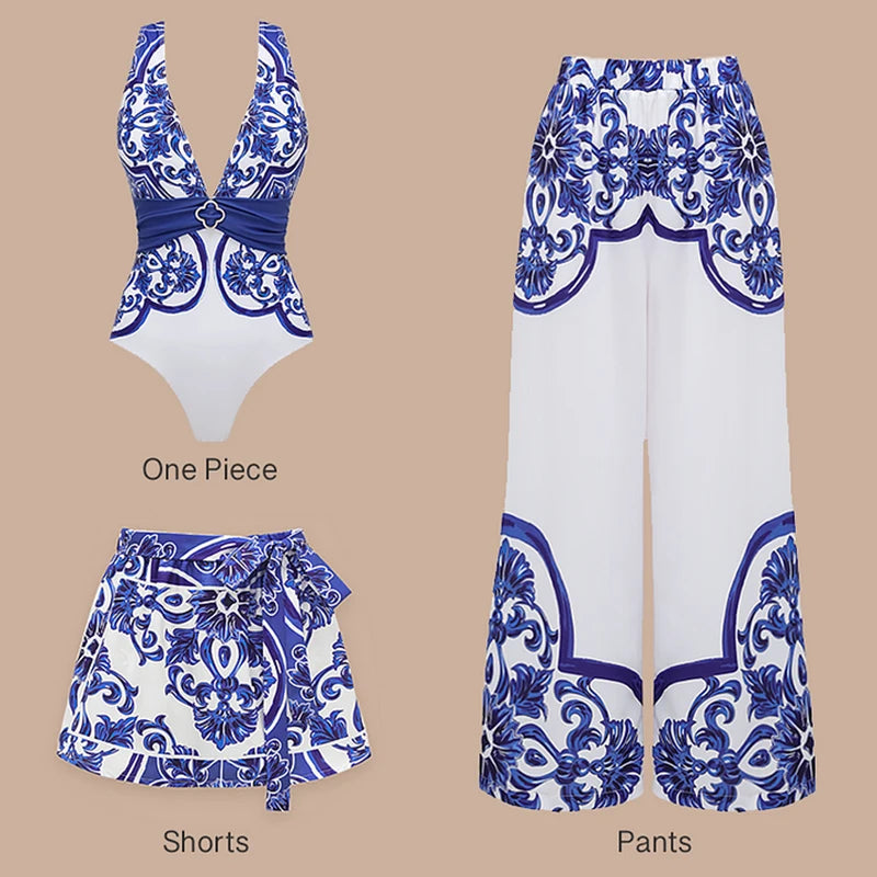 Majolica Print One-Piece Swimsuit Set with Beach Dress