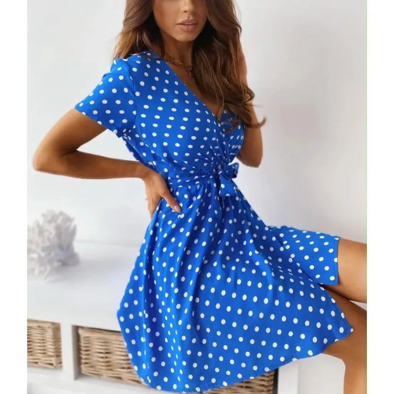 Polka Dot V-Neck Belted Casual Dress