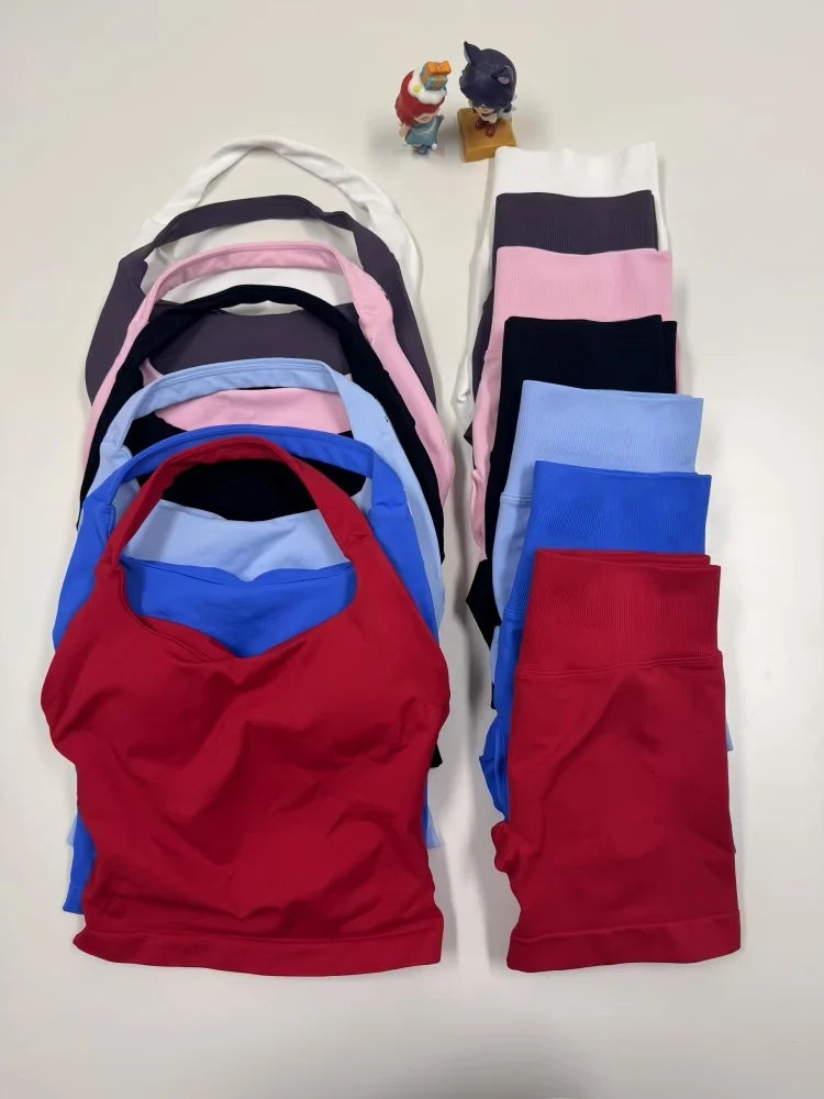 miflame Seamless Scrunch Shorts Set - Halter Sports Bra - Glowbitz.store