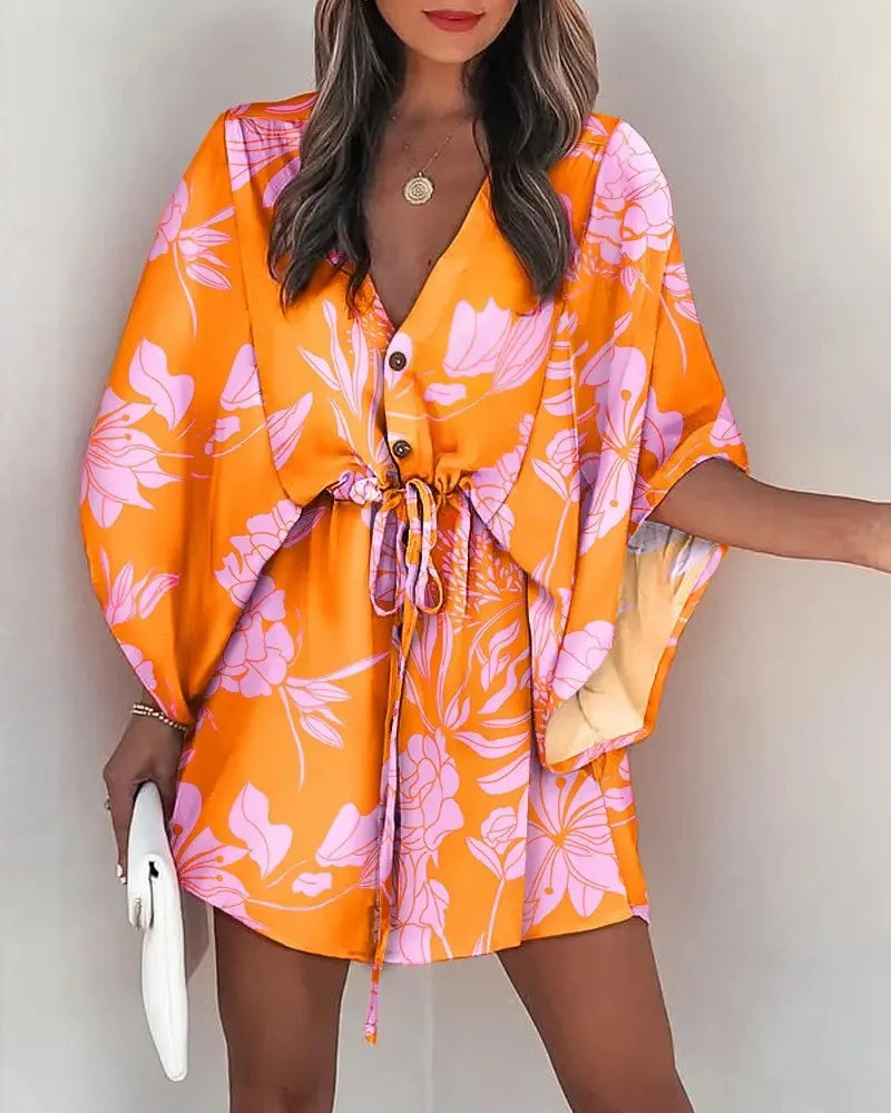 Floral Print Boho Summer Dress – V-Neck Batwing Sleeve Ruffle