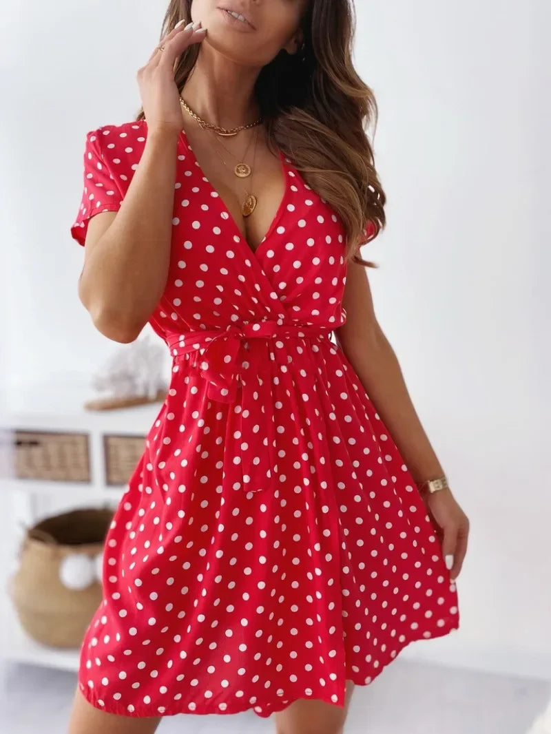 Polka Dot V-Neck Belted Casual Dress