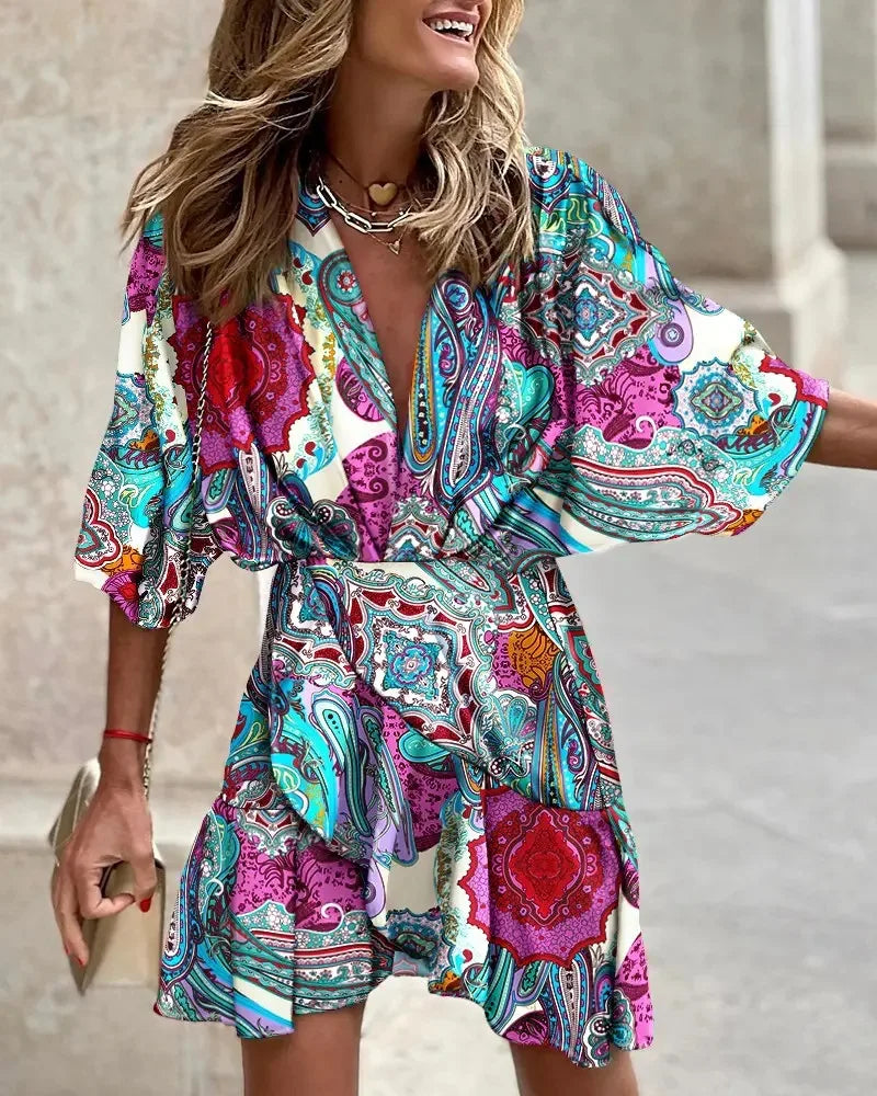 Bohemian Floral Print V-Neck Batwing Mini Dress - Glowbitz.store