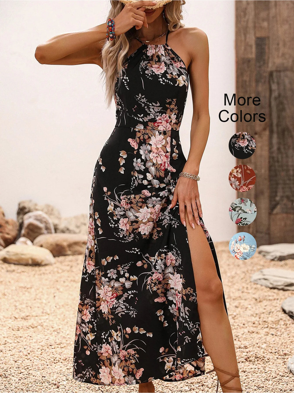 Women's Floral Print High Slit Thigh Halter Dress - Summer Sleeveless Sexy Bodycon Beach Party Clubwear - Glowbitz.store