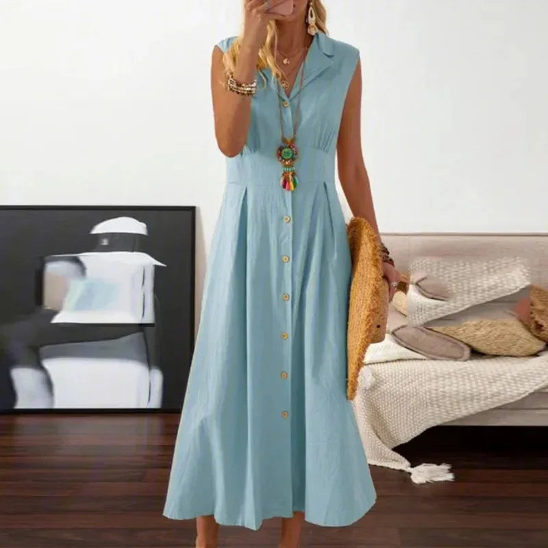 Vintage A-Line Dress – Lapel Collar Button Front Long Cotton-Linen Style Maxi Dress