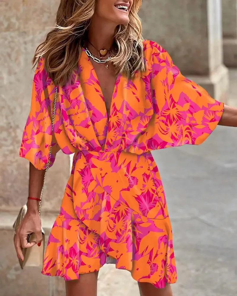Bohemian Floral Print V-Neck Batwing Mini Dress - Glowbitz.store