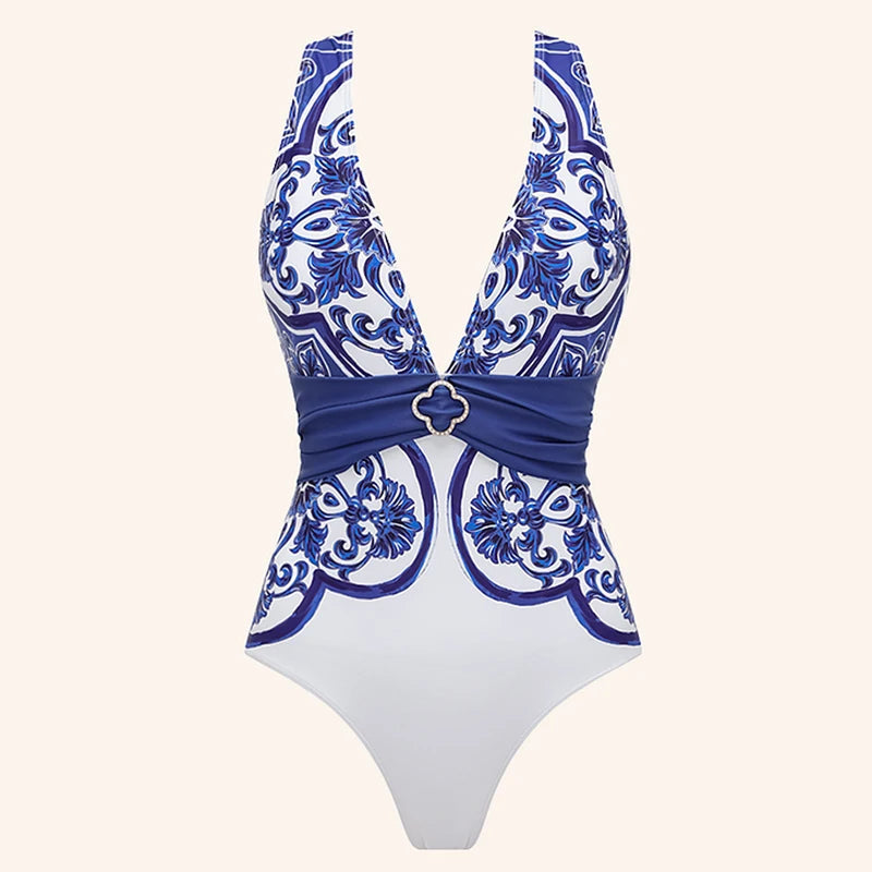 Majolica Print One-Piece Swimsuit Set with Beach Dress