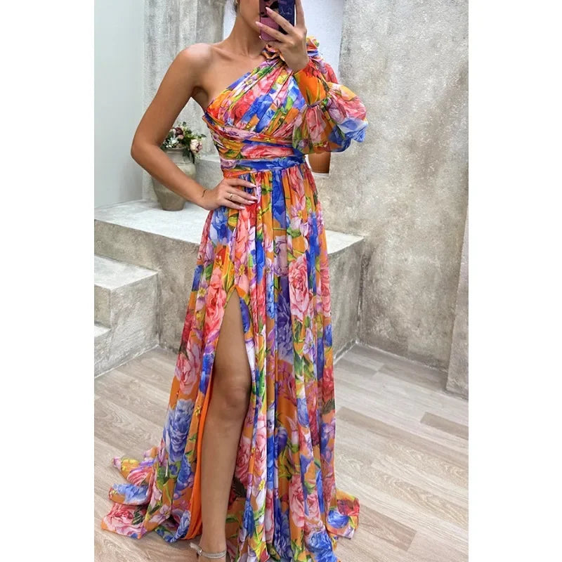 Off-Shoulder Printed Slit Maxi Dress – Lantern Sleeves, Waist Tie, Holiday Party Style