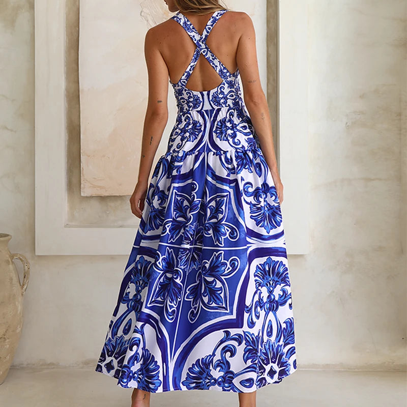 Majolica Print One-Piece Swimsuit Set with Beach Dress