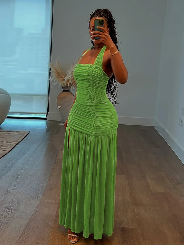 Sheer Patchwork Halter Maxi Dress – Backless Ruched Bodycon