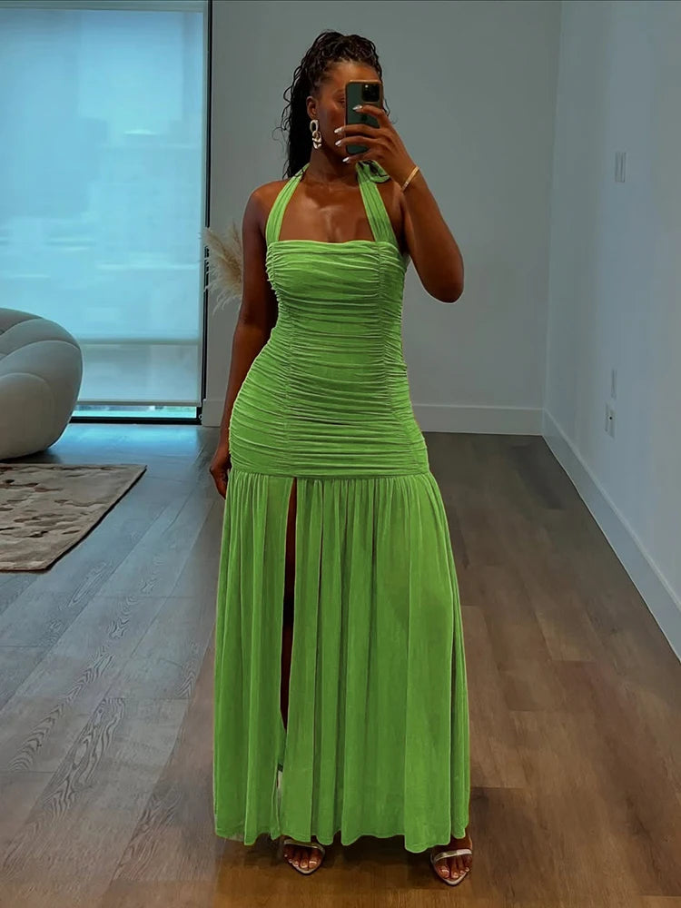 Sheer Patchwork Halter Maxi Dress – Backless Ruched Bodycon