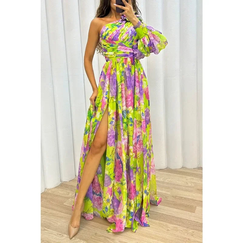 Off-Shoulder Printed Slit Maxi Dress – Lantern Sleeves, Waist Tie, Holiday Party Style